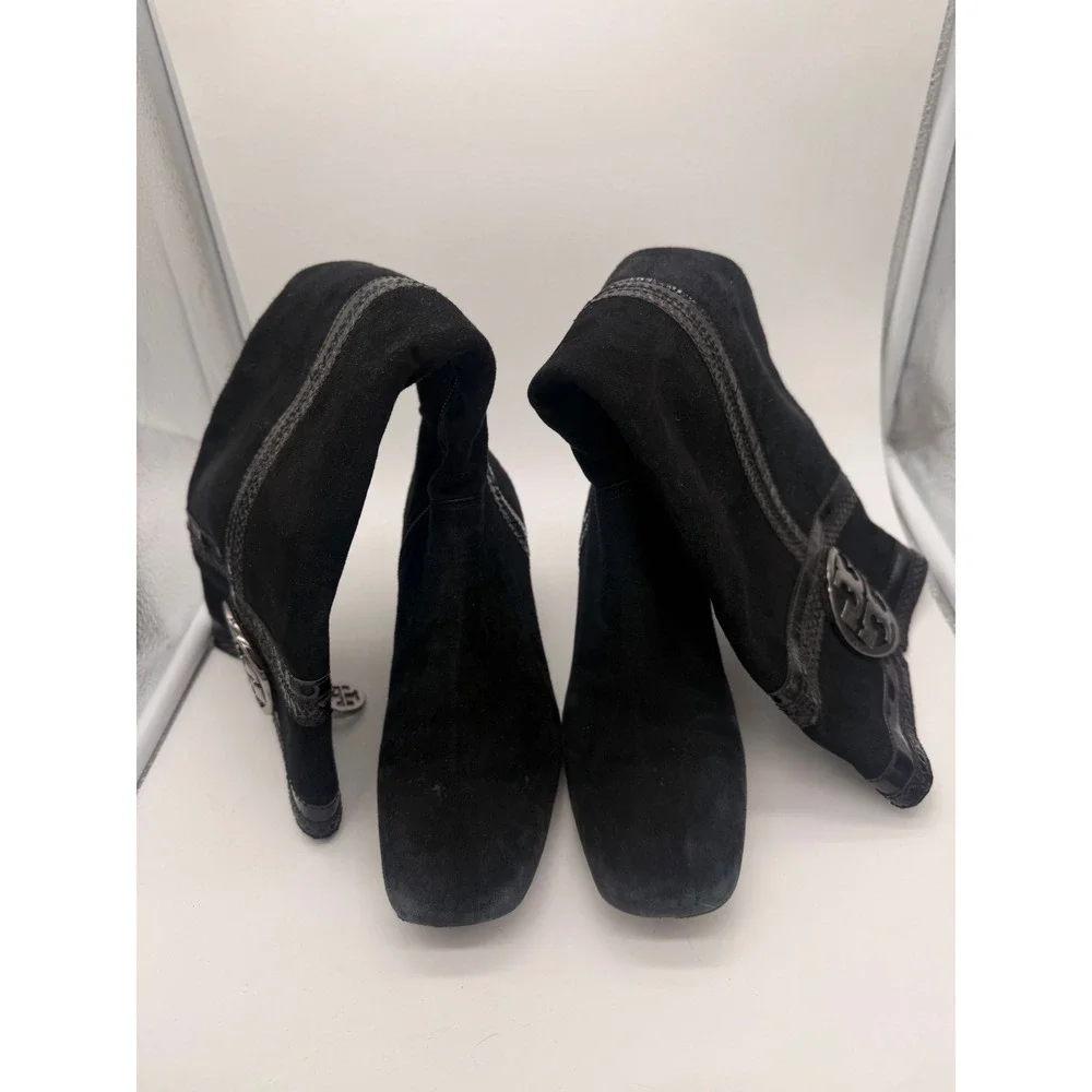 Tory Burch Black‎ Suede Tall Boots Logo Snake Trim Square Toe Block Heel 6M